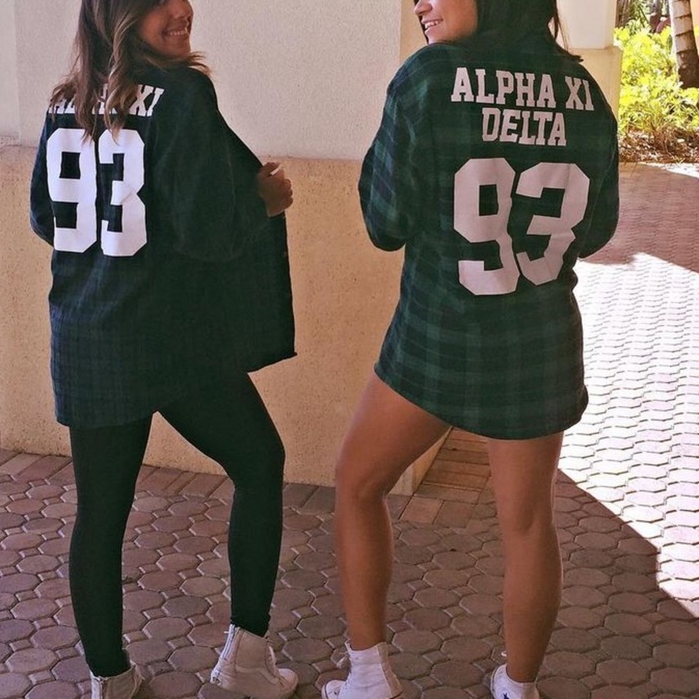 Alpha xi delta green and navy plaid flannel with varsity letters